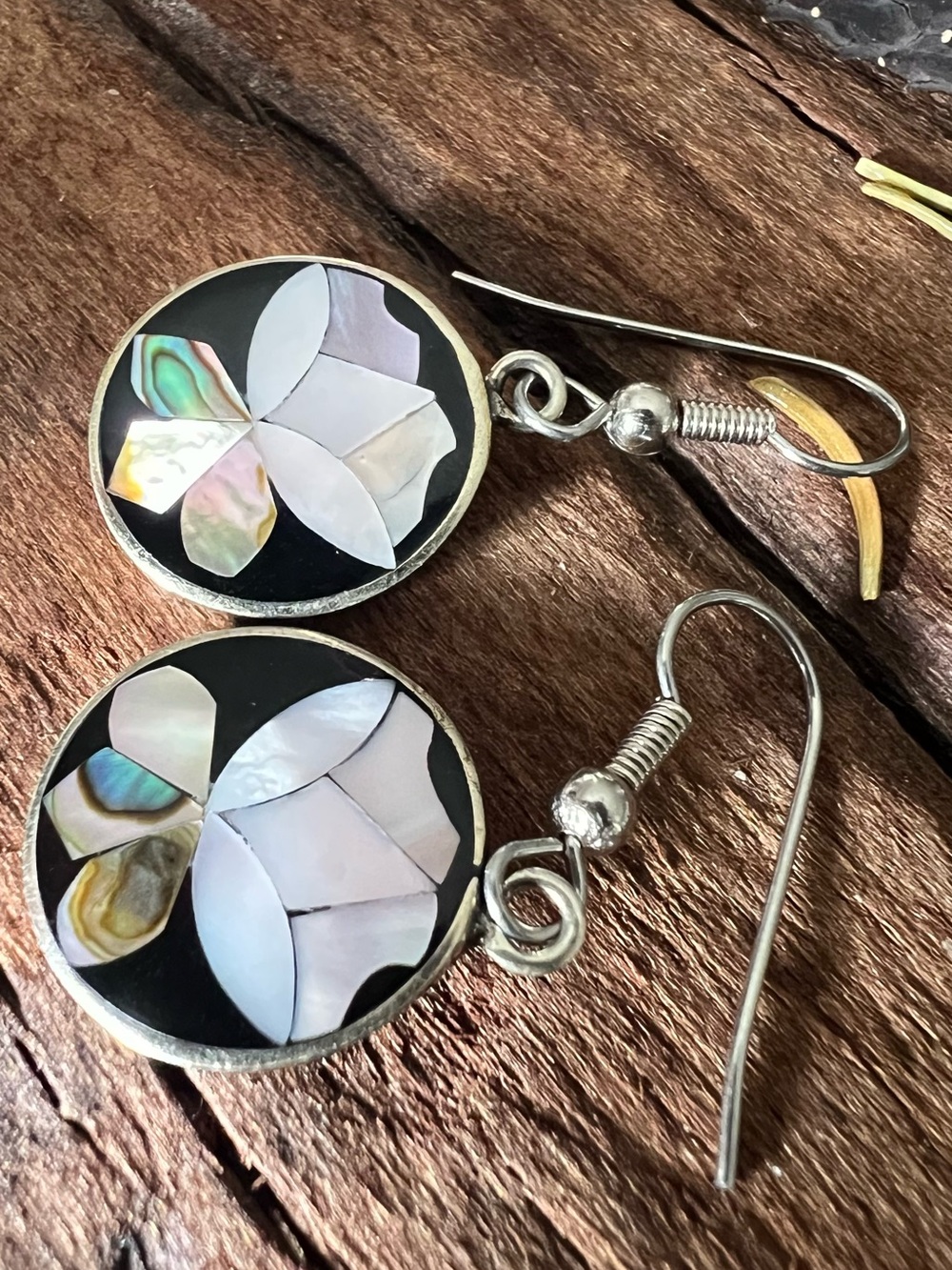 Mexico Alpaca Earrings Abalone MOP Floral Pink Lotus Flower Enamel Inlay Garden